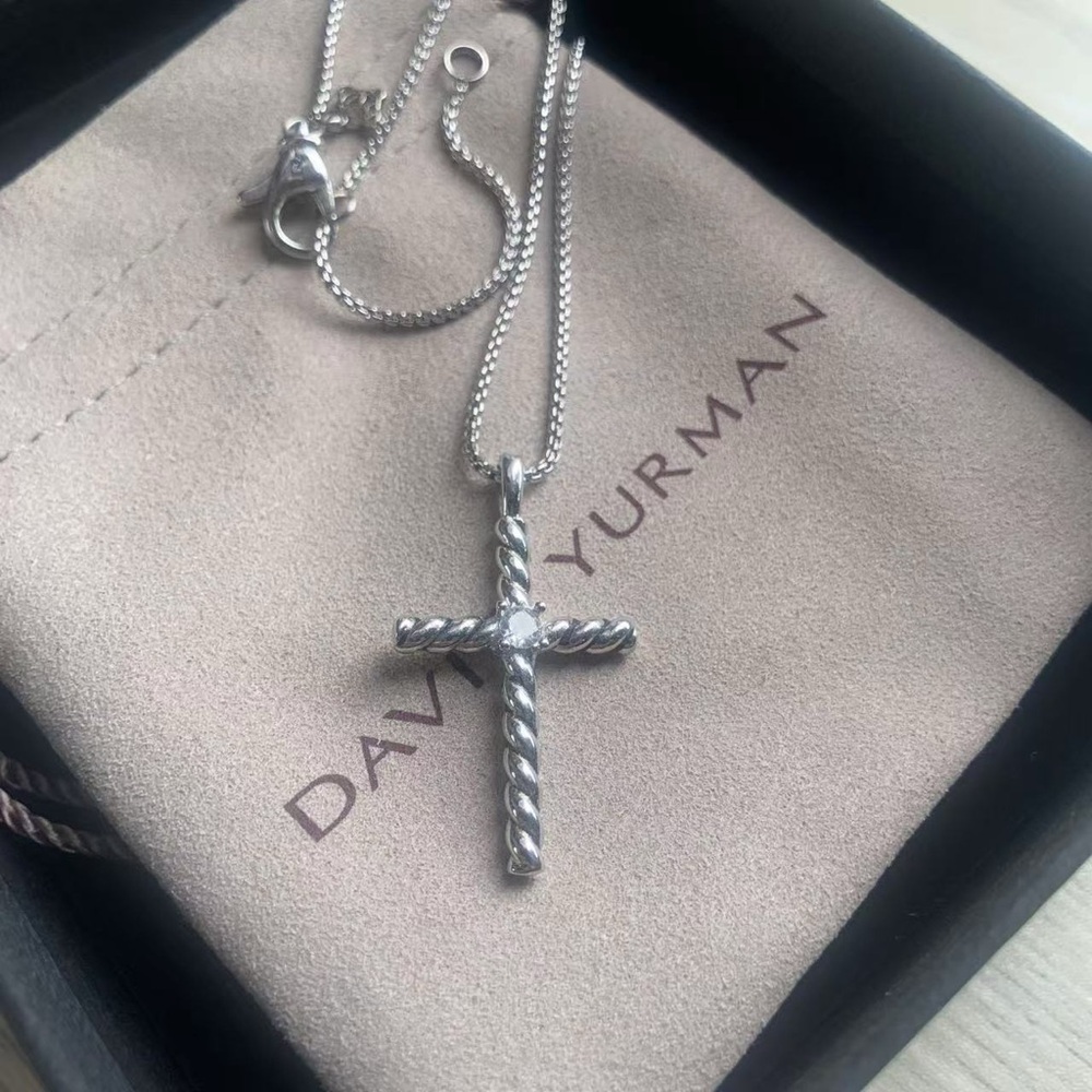 David Yurman Classic Cross Pendant, sterling silver with center diamond